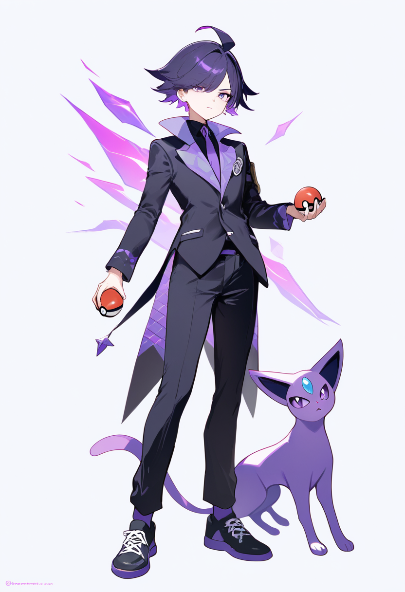 A dark type elite four member in black suit with purple accents, slicked back dark hair, umbreon companion with glowing rings