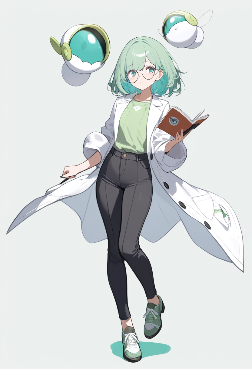 A pokemon professor assistant in lab coat, round glasses, short mint green hair, holding pokedex and notebook, fairy type pokemon nearby