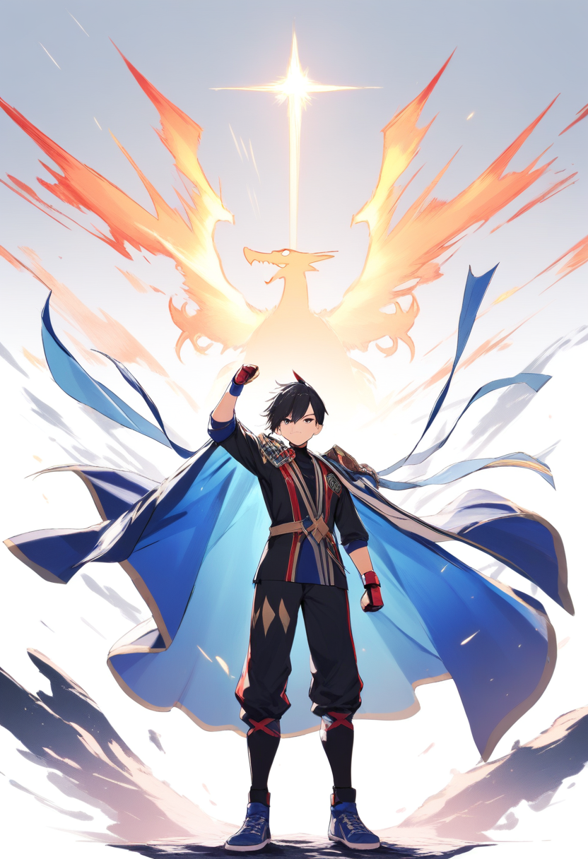 A pokemon champion with regal champion cape, wild spiky red and black hair, multiple champion badges, dragon type aura