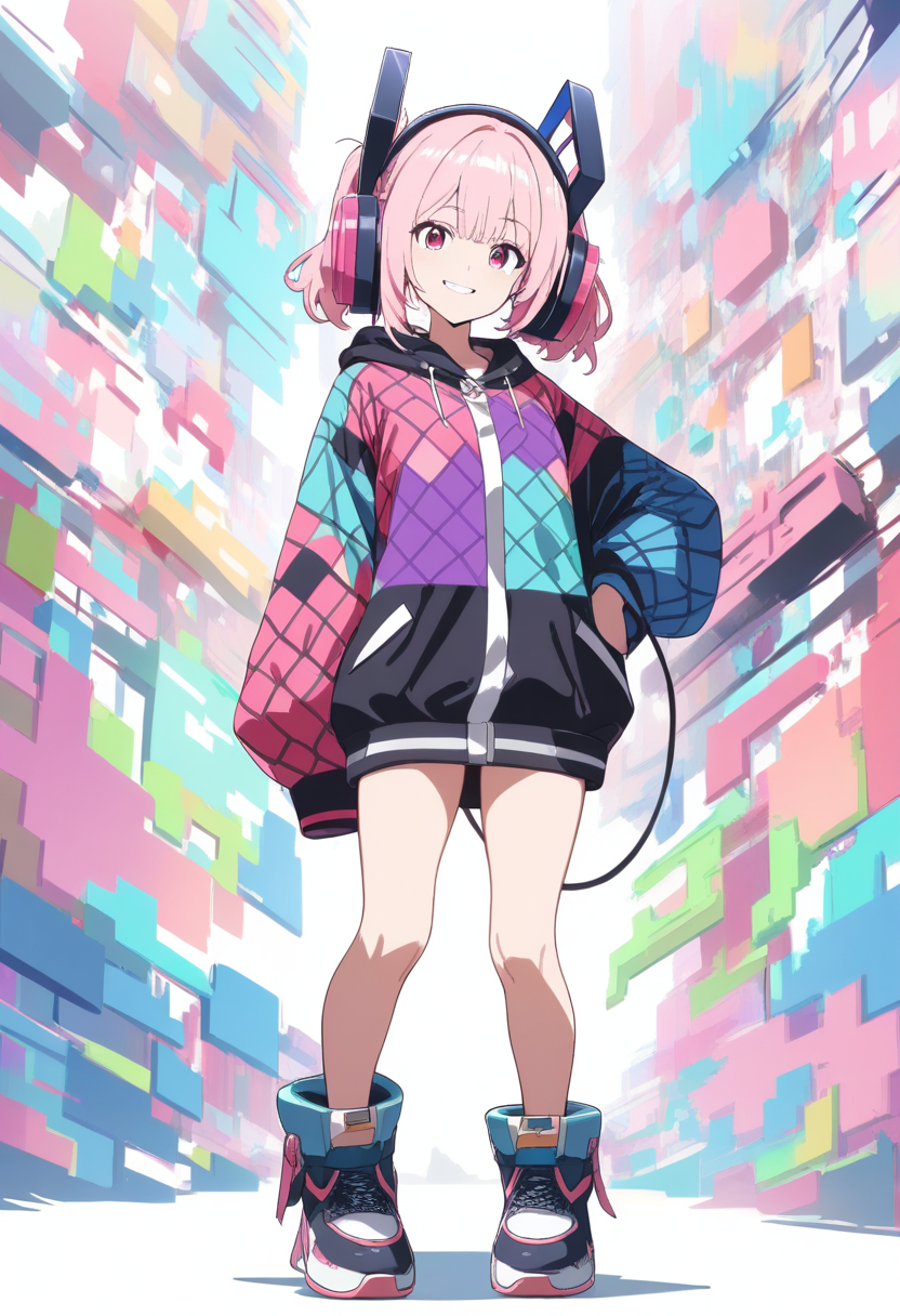 A blocky proportioned girl with bright neon pink hair, oversized headphones, pixel-patterned hoodie in a colorful game world