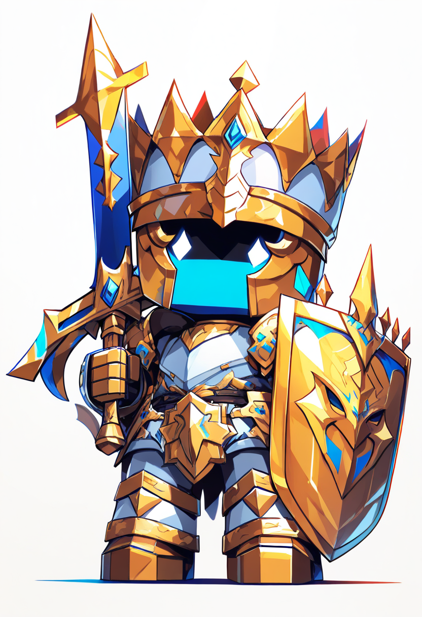 A blocky proportioned boy with spiky blue hair, dominus crown headgear, golden armor set, confident pose on floating obby platforms