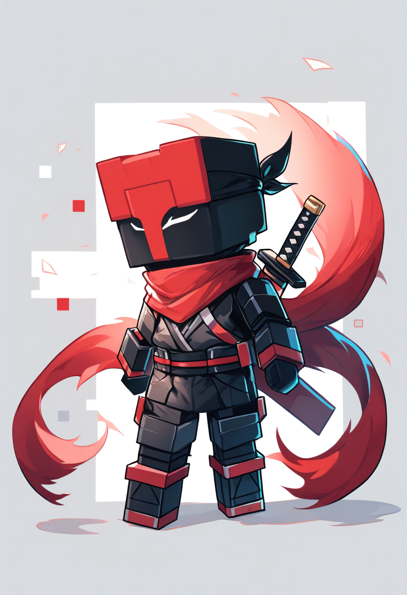 A blocky proportioned boy with messy green hair, ninja headband, dark stealth outfit, dual katanas on a rooftop cityscape