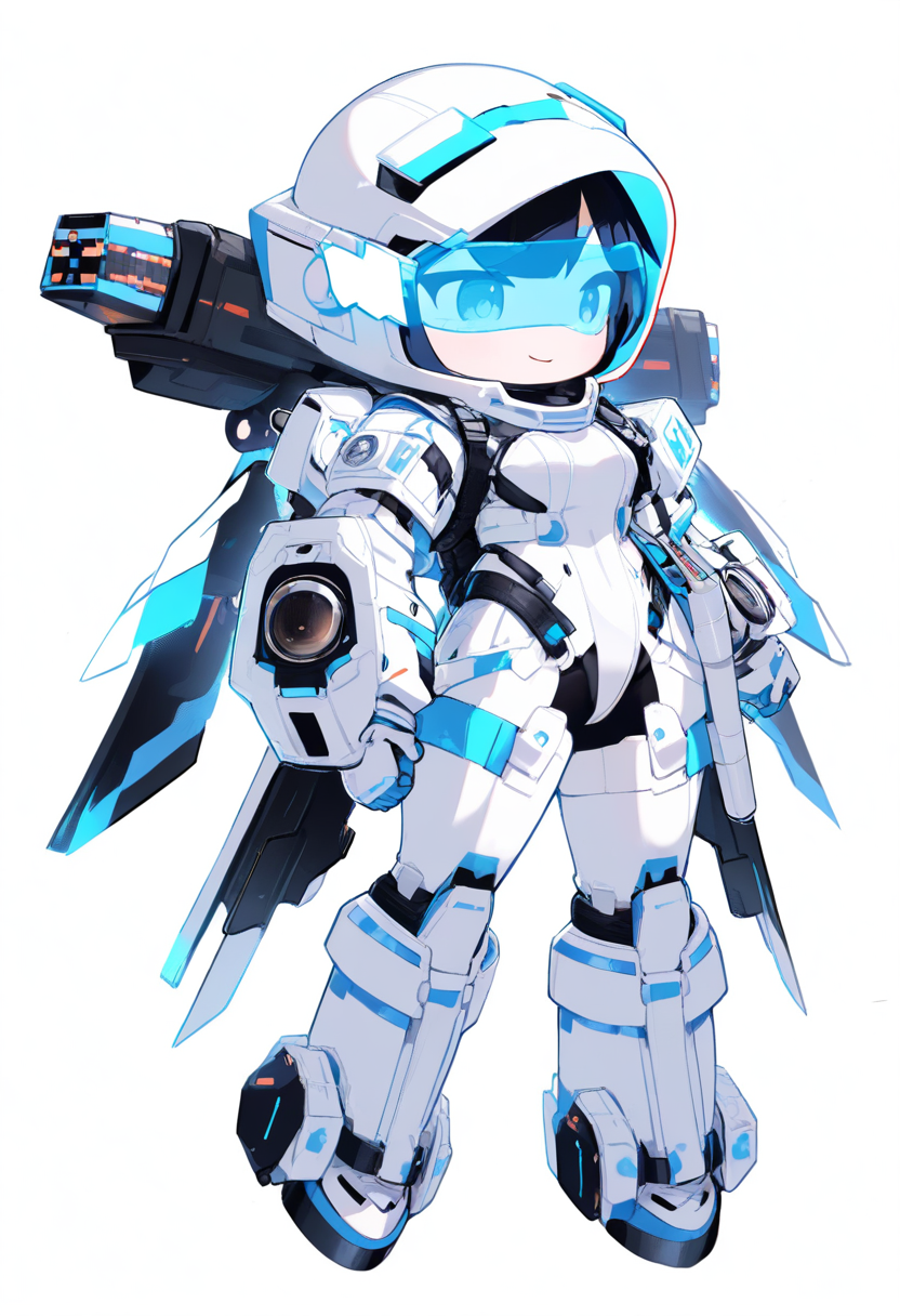 A blocky proportioned girl with short white bob cut, futuristic visor, sleek tech bodysuit with neon cyan accents in a sci-fi lobby