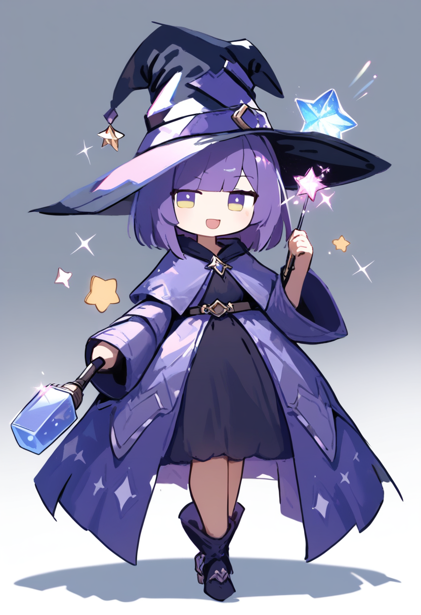 A blocky proportioned girl with galaxy-print hair fading from blue to purple, star crown, sparkly dress at a space station observatory