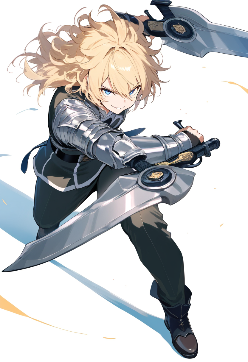 A hunter with armored jacket, dual pistol swords, blonde messy hair, blue eyes, confident smirk in a battle stance