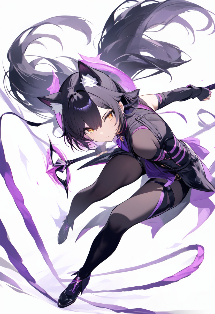 A faunus huntress with cat ears, black bodysuit, purple accents, ribbon weapon whip, long black hair, amber eyes in an agile crouch