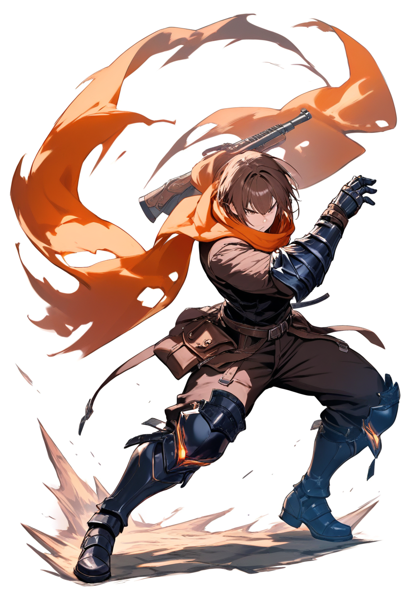 A grimm hunter with heavy gauntlets, shotgun greaves, orange scarf, muscular build, brown hair in a fierce fighting pose