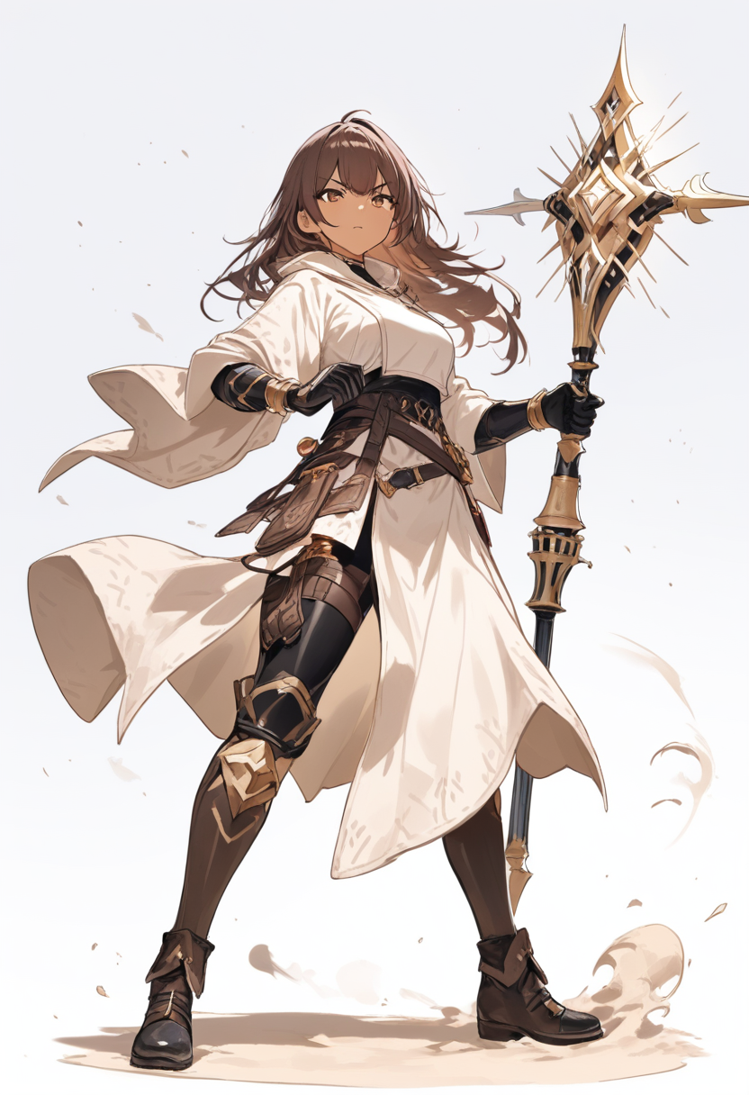 A vacuo desert huntress with tan skin, flowing robes over combat gear, sand dust semblance, staff weapon, determined pose
