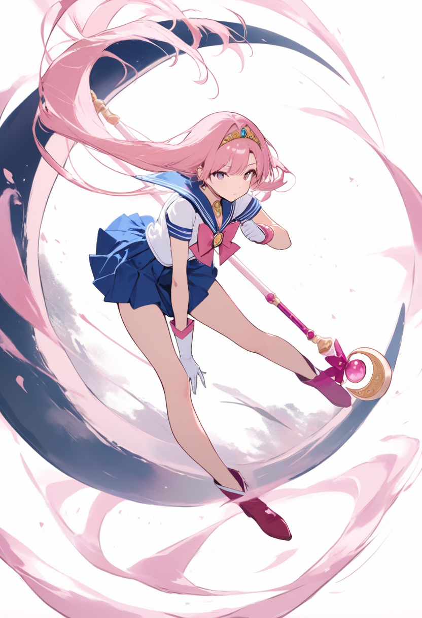 A sailor scout with long flowing pink hair, crescent moon tiara, white gloves, pleated skirt, holding a crescent moon staff in a magical girl pose