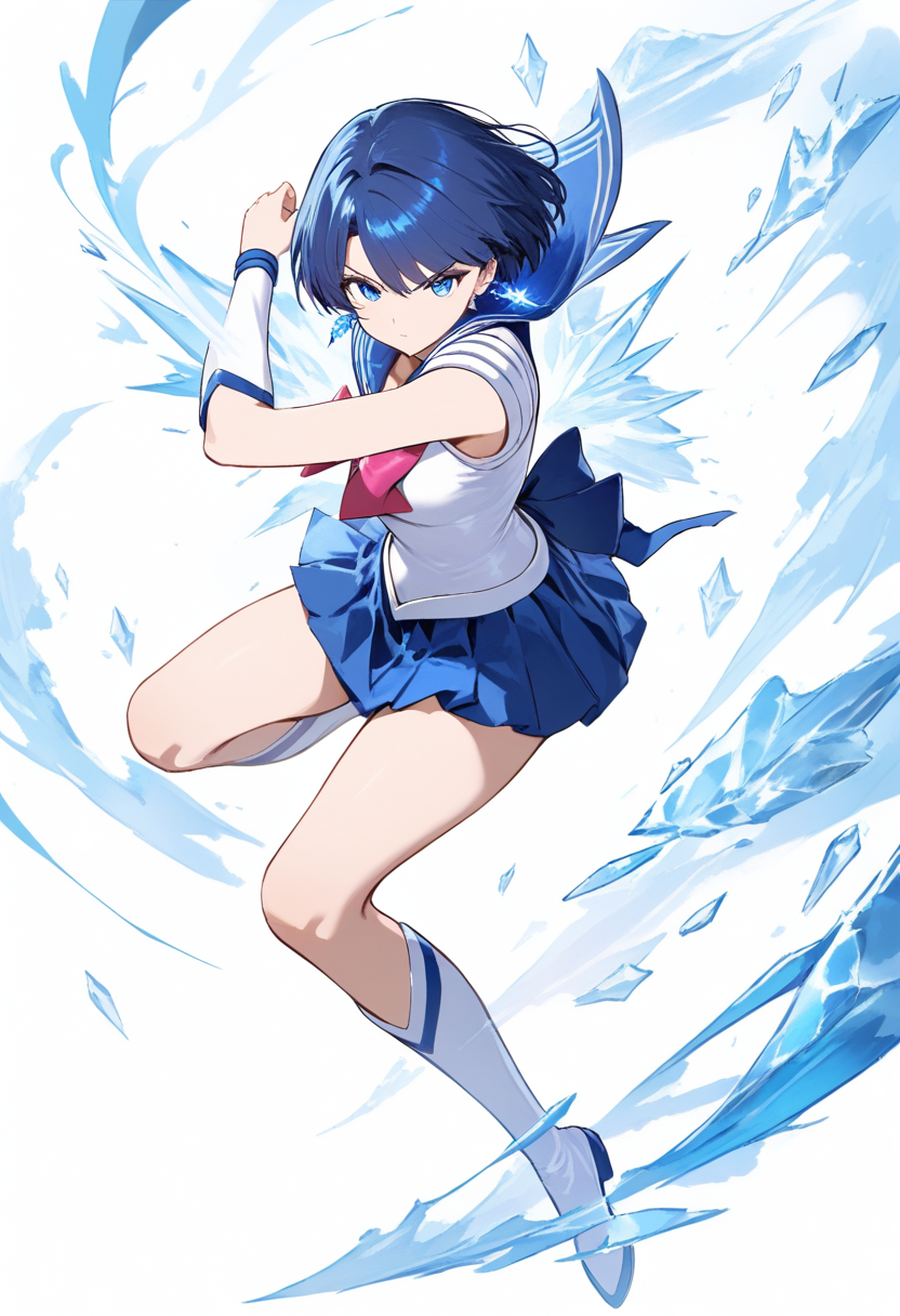 A sailor scout with short blue hair, ice crystal earrings, blue pleated skirt in a defensive frost aura stance