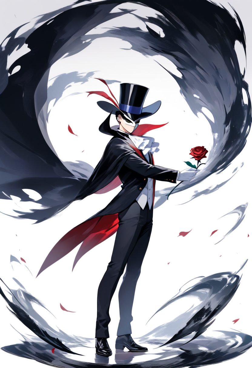 A tuxedo mask inspired character with black cape, white mask, top hat, holding a rose in an elegant pose