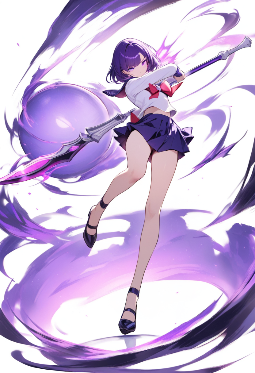 A sailor scout with long purple hair and violet eyes, wielding a saturn glaive weapon, dark purple skirt with mysterious aura
