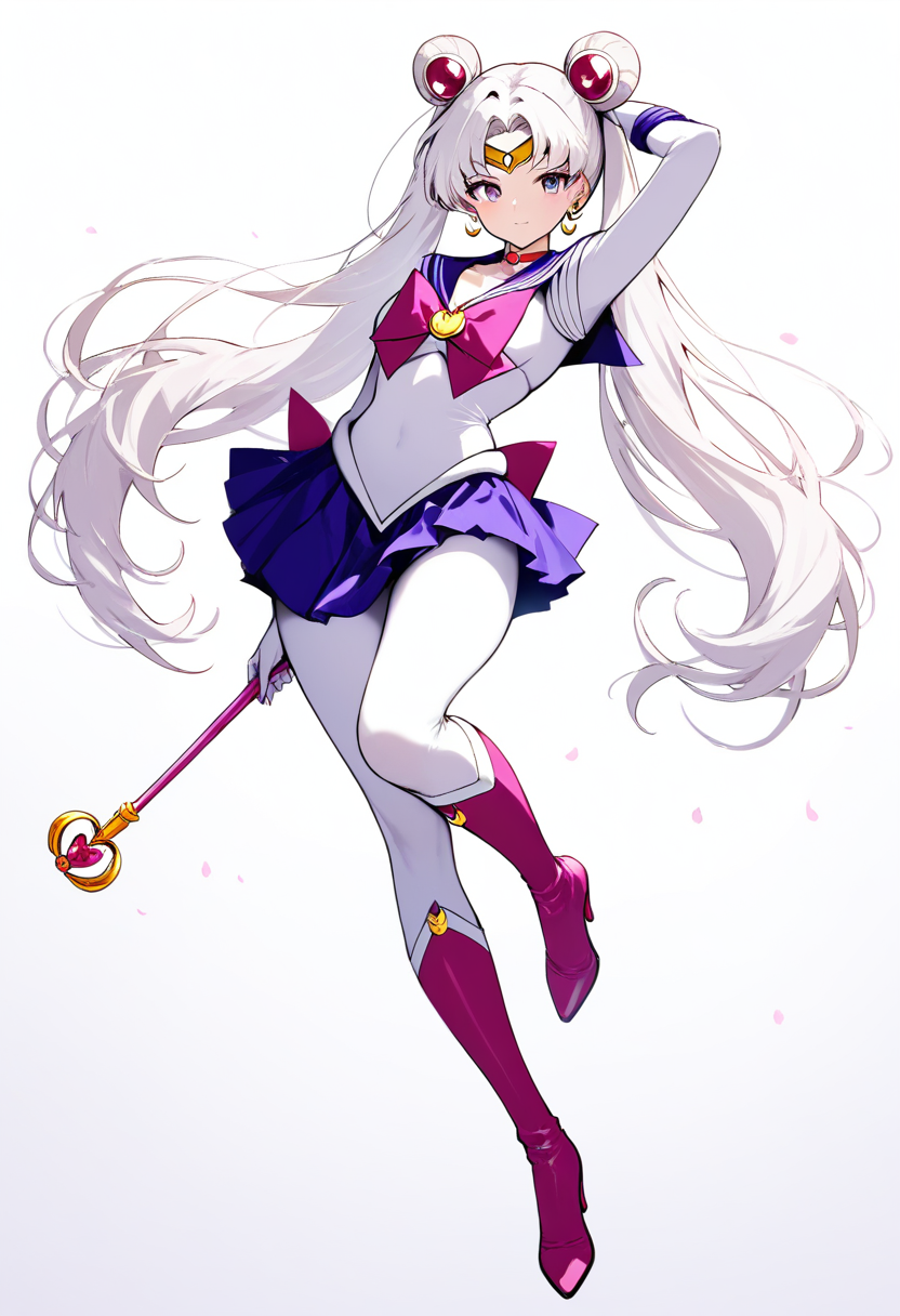 A princess serenity style character in a long white dress, white hair, crescent moon mark, ethereal floating pose with silver crystal