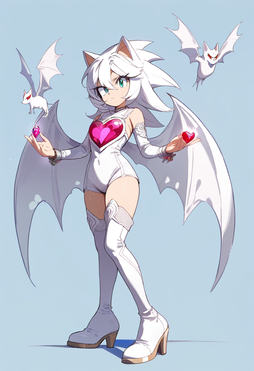 An anthropomorphic white bat with teal eyes, heart-shaped chest plate, thigh-high boots with hearts, wings spread, treasure jewel