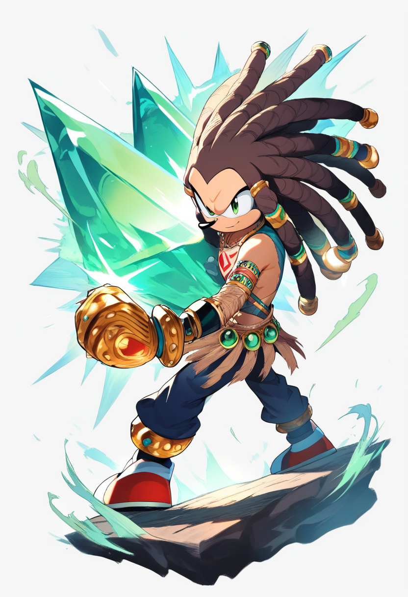 An anthropomorphic red echidna with dreadlock-like quills, large spiked fists, guarding the master emerald, tribal chest marking
