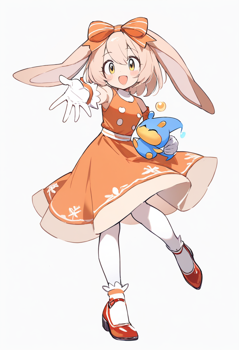 An anthropomorphic golden rabbit with long ears flowing behind, cute blue dress, cream-colored fur, chao companion floating beside