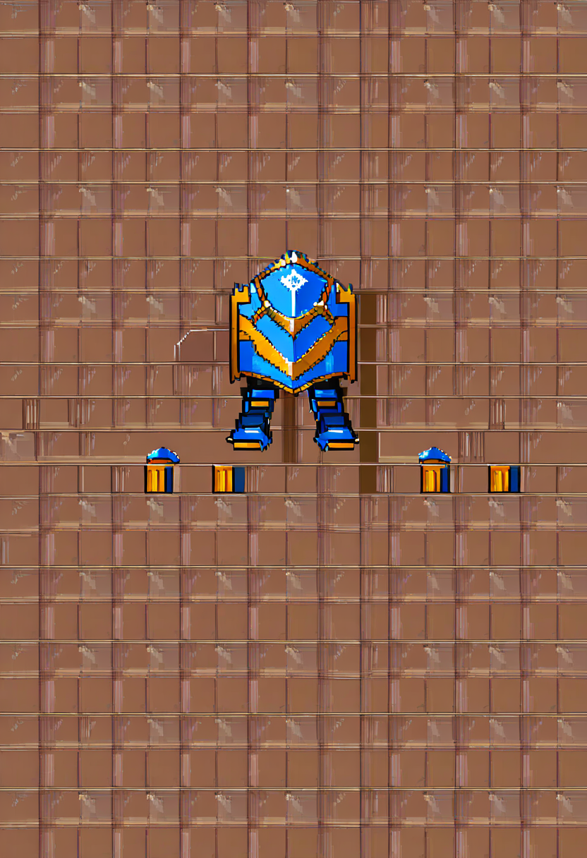Pixel art RPG knight with blue armor and golden shield, 2D game sprite, front-facing idle pose, clean lines, transparent background