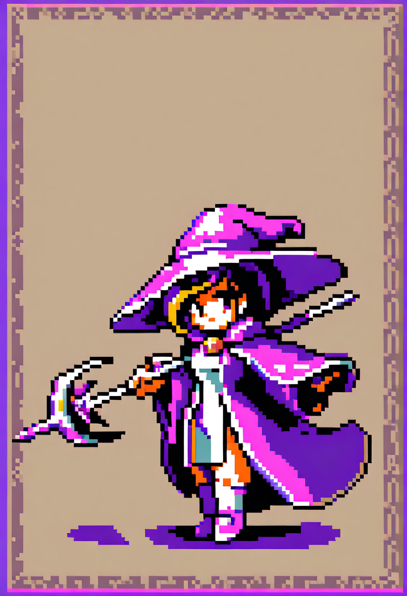 Pixel art mage character with purple robes, glowing staff, arcane runes swirling around, 2D game sprite, retro SNES style