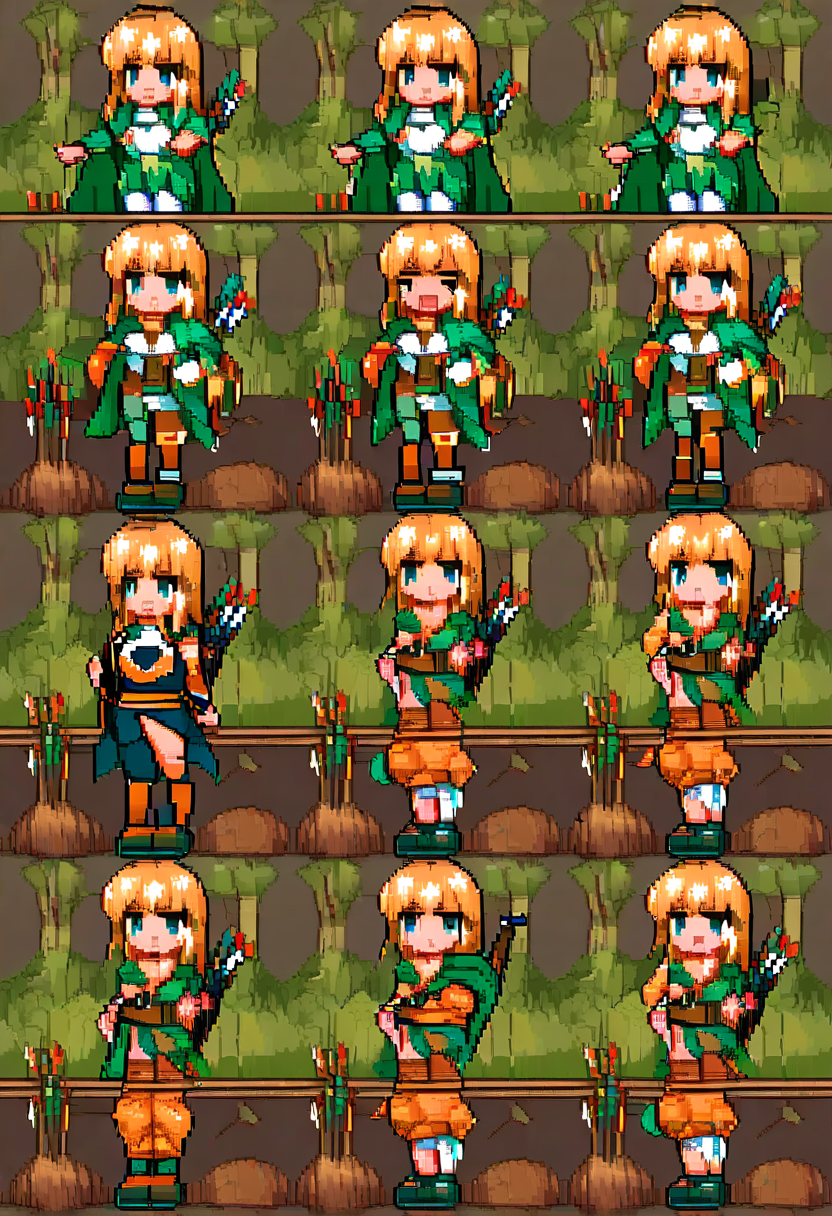 Pixel art elven archer with green cloak, wooden longbow, quiver of arrows, forest ranger 2D sprite, clean pixel edges