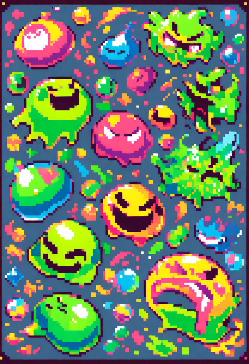 Pixel art slime monster, green gelatinous body, angry cute face, bouncing pose, 2D RPG enemy sprite, vibrant colors