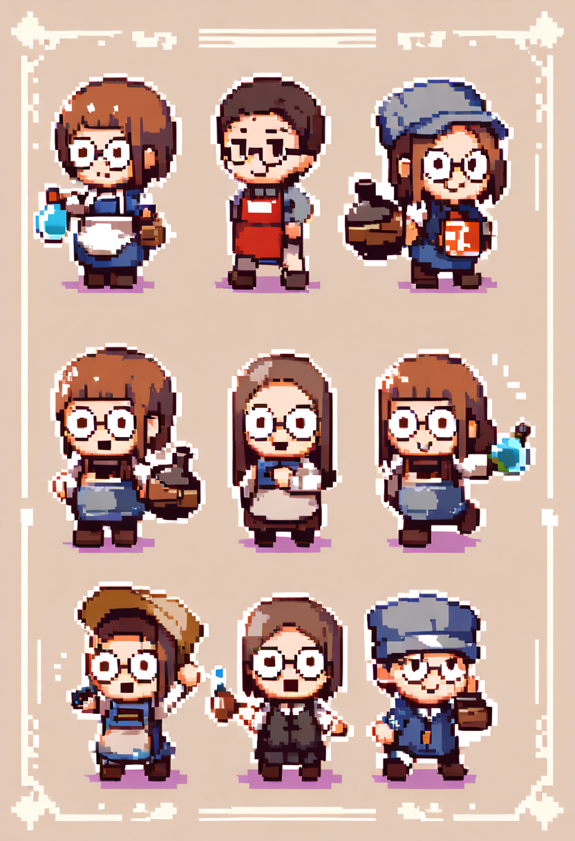 Pixel art NPC villager, friendly old shopkeeper with apron, round glasses, holding a potion bottle, cozy RPG town sprite