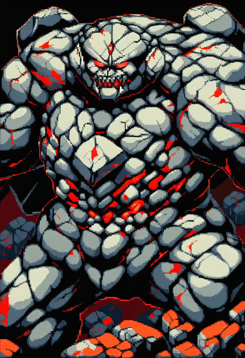 Pixel art boss enemy, giant armored golem with glowing red core, cracked stone body, imposing battle stance, 2D sprite