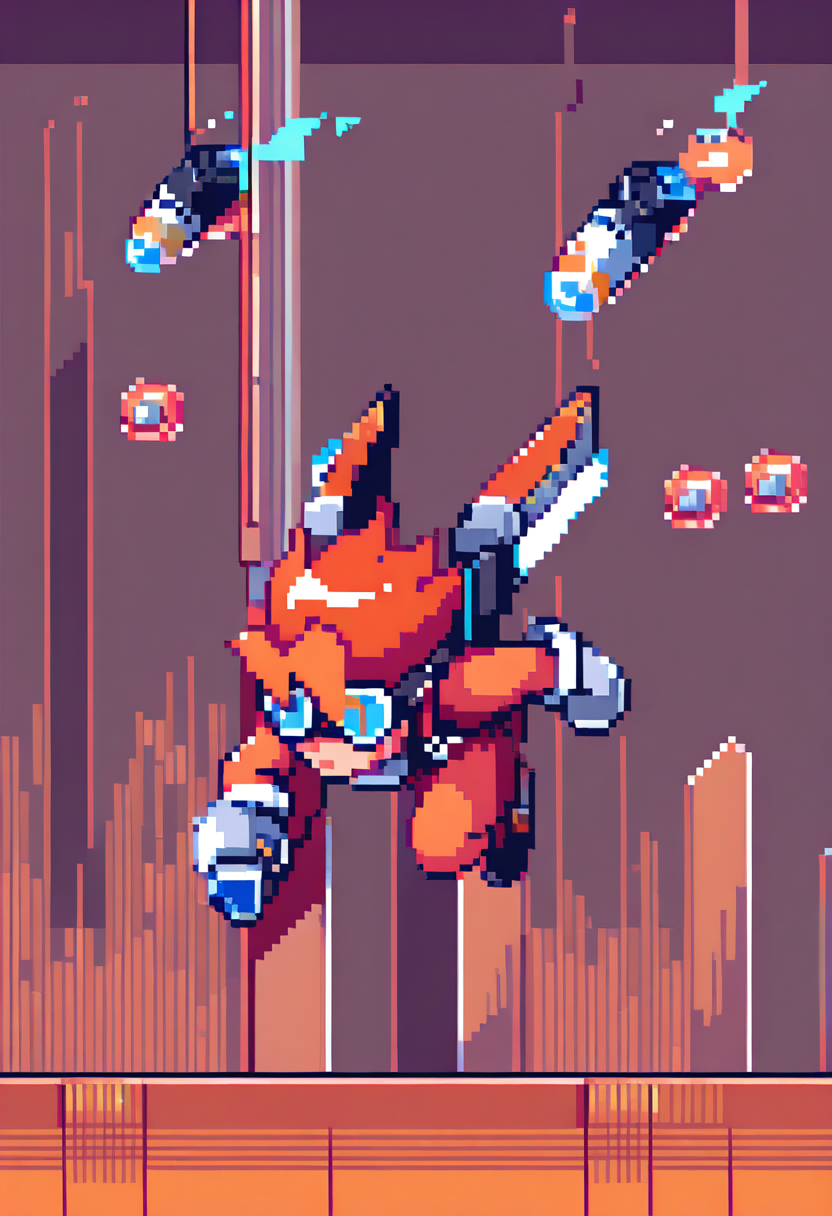 Pixel art platformer hero, red-haired adventurer with goggles, jetpack, dynamic running pose, side-scrolling game sprite