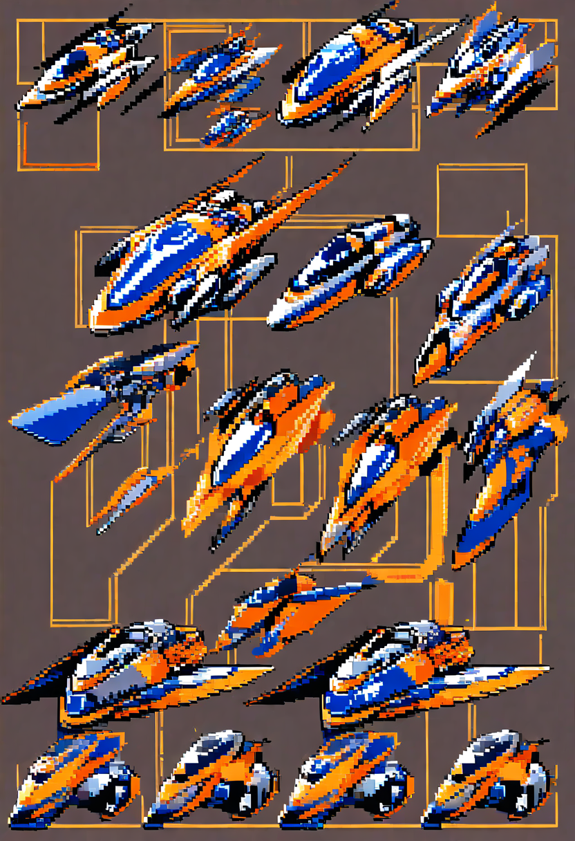 Pixel art space shooter ship, sleek silver starfighter with blue engine glow, top-down view, shmup game sprite, detailed hull
