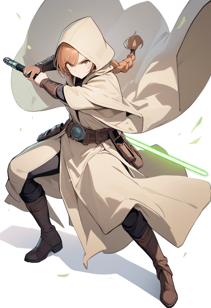 A determined Jedi knight in brown hooded robes wielding a green lightsaber, long braided hair, utility belt and boots