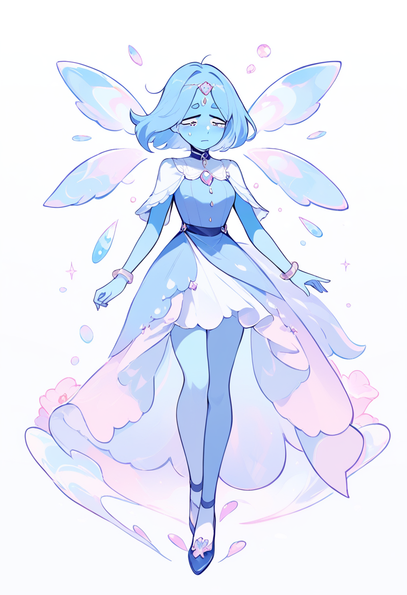 A tall slender gem warrior with blue skin, sapphire gem on palm, ice blue bob cut hair, elegant blue gown in an icy cavern