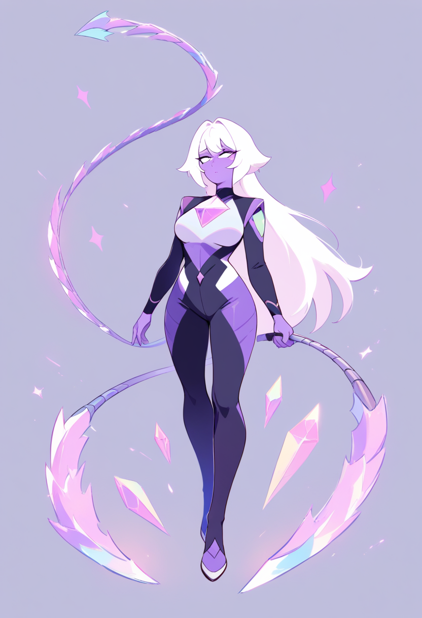 A fusion character with four arms, teal and magenta gradient skin, star-shaped visor, multi-colored flowing hair against a cosmic starfield