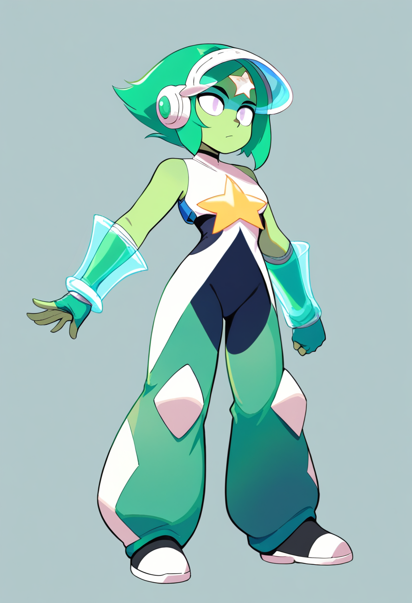 A small gem character with green skin, peridot gem on forehead, triangular yellow-green hair, visor, tech limb enhancers floating in space