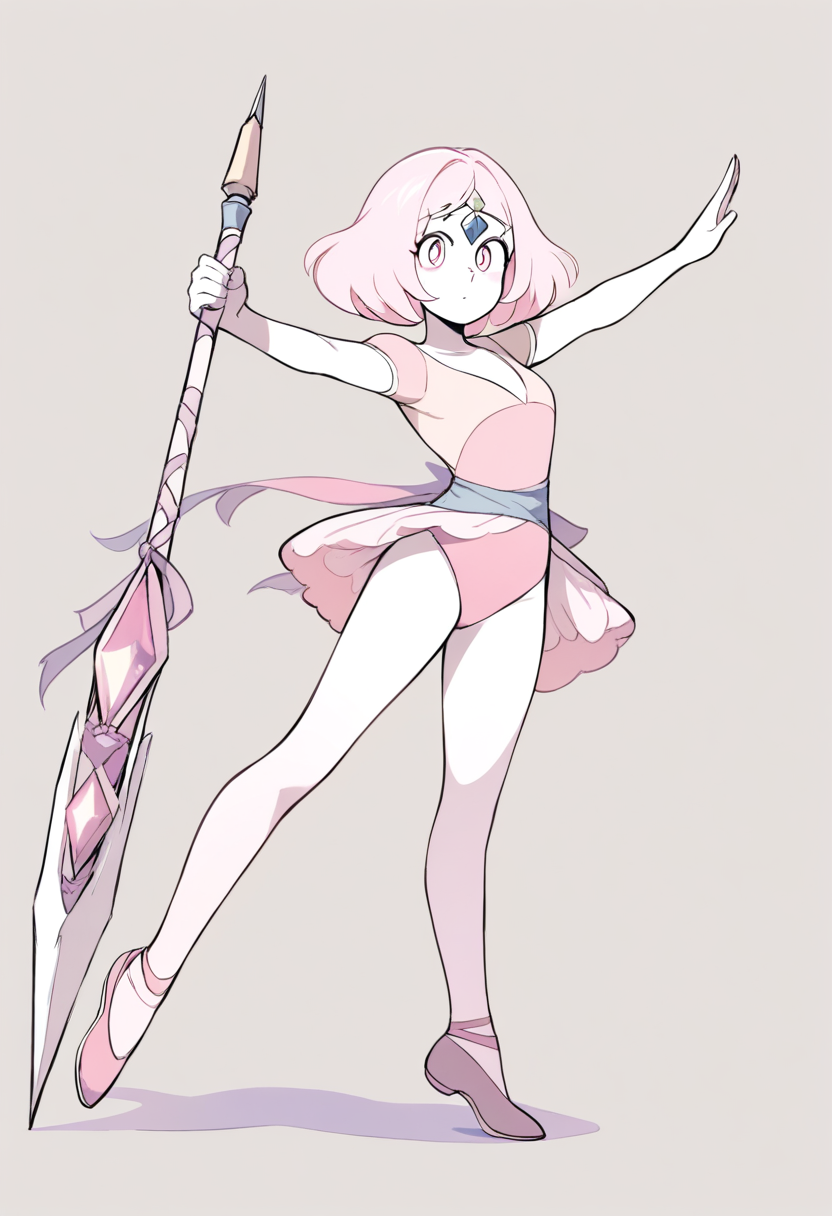 A pearl gem character with pale cream skin, gem on forehead, short peach hair, pastel teal ballet outfit in a graceful dance pose