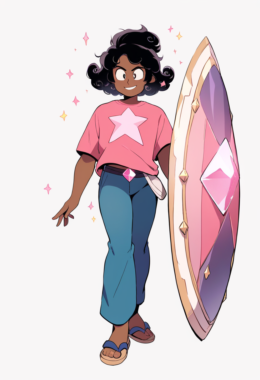 A gem character with deep red skin, ruby gem on shoulder, strong build, crimson outfit with star emblem in a blazing volcanic setting