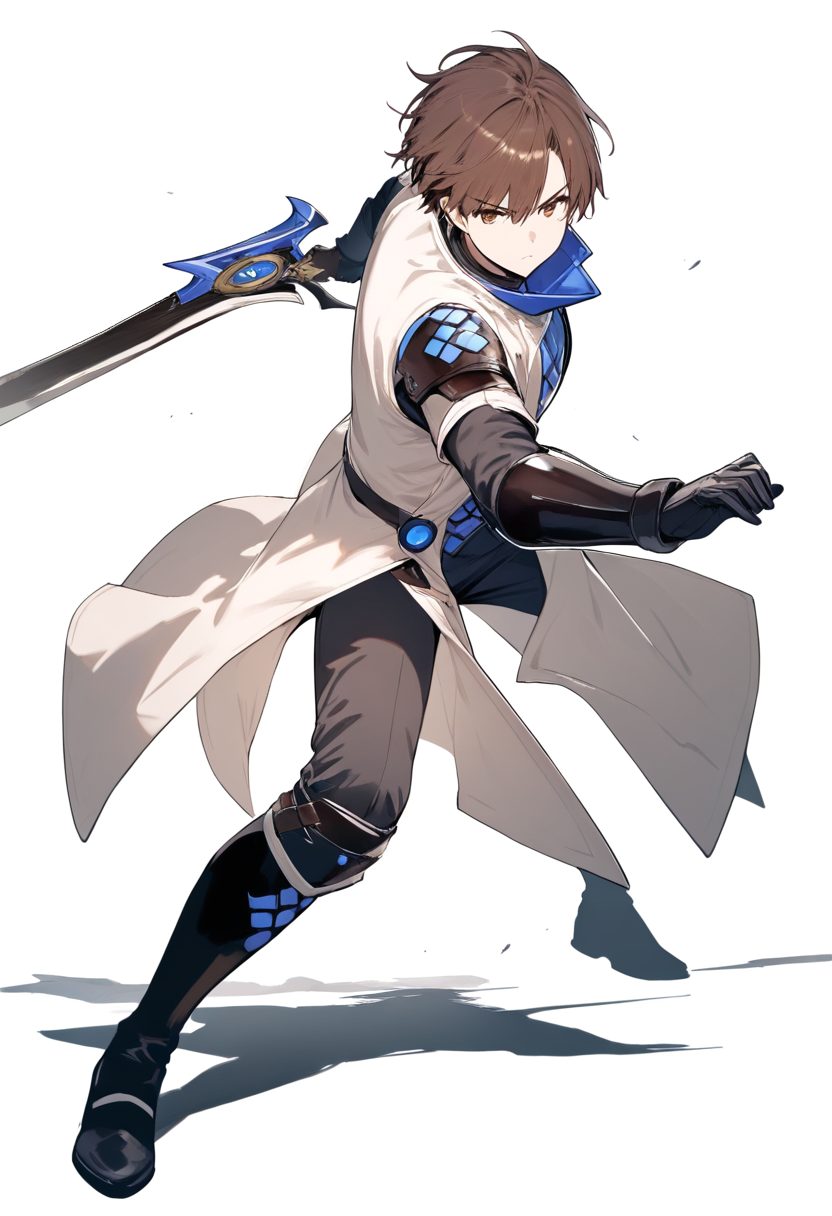 A CCG investigator in suit with quinque sword drawn, short brown hair, serious expression, protective armor under coat