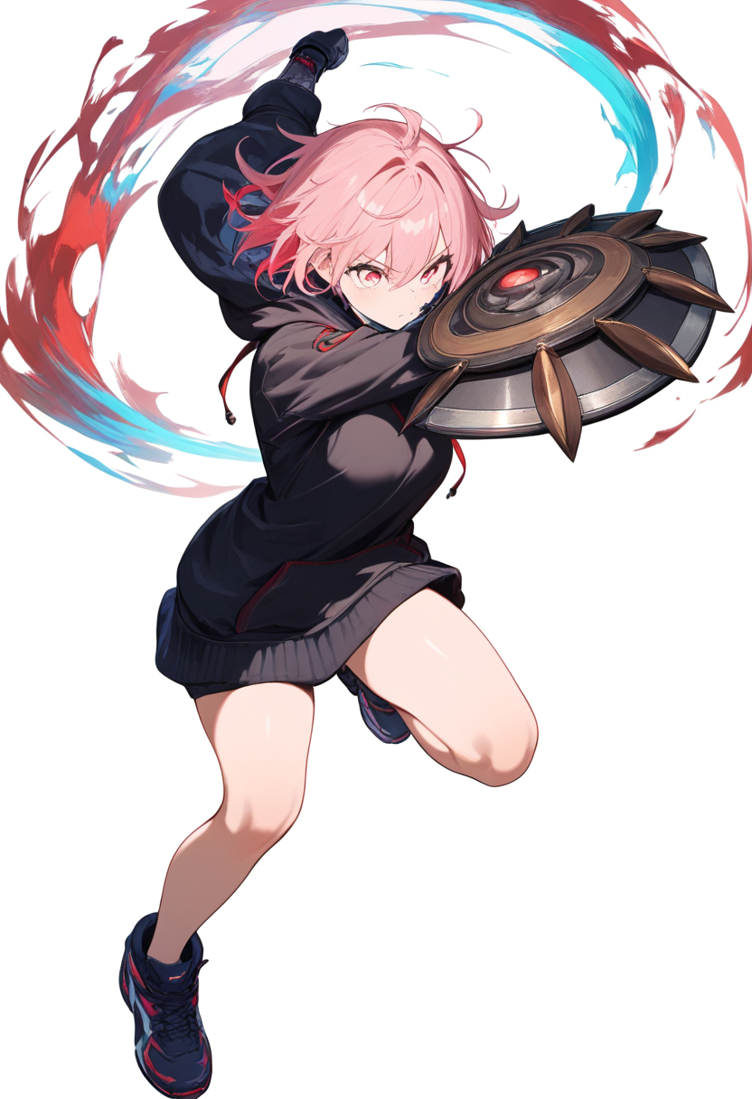 A ghoul with koukaku kagune shield arm, half ghoul mask, red and black hoodie, short messy pink hair, kakugan eyes
