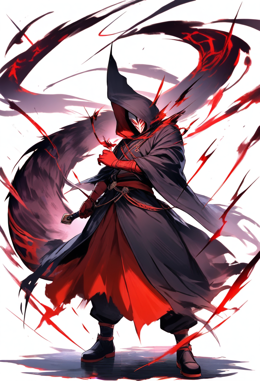 An aogiri tree member in hooded dark cloak, bikaku kagune tail, masked face, red glowing eyes in a menacing stance