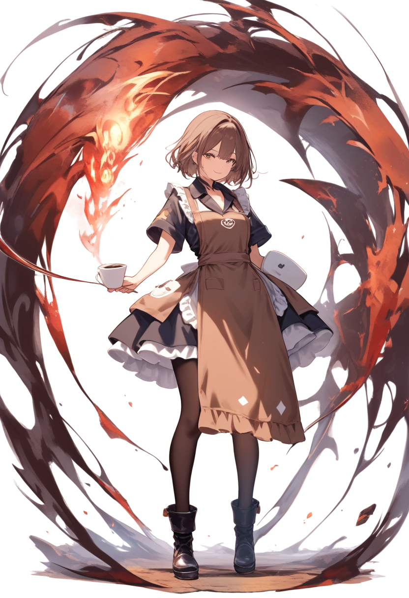 A ghoul cafe worker with apron over dark clothes, gentle smile, long brown hair, coffee cup in hand, peaceful standing pose