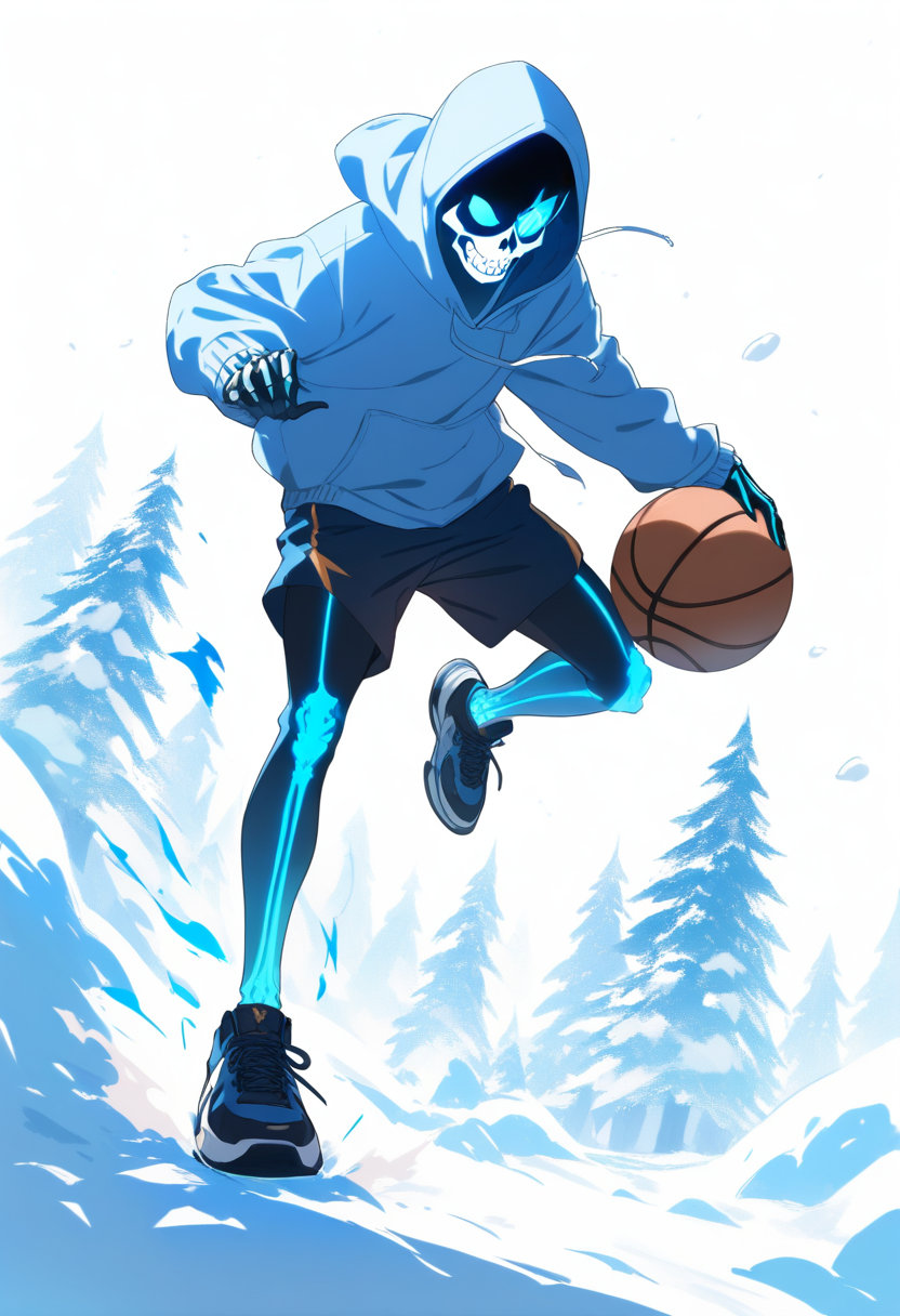 A skeleton character wearing a blue hoodie and basketball shorts, one glowing blue eye, lazy grin, snowy forest setting