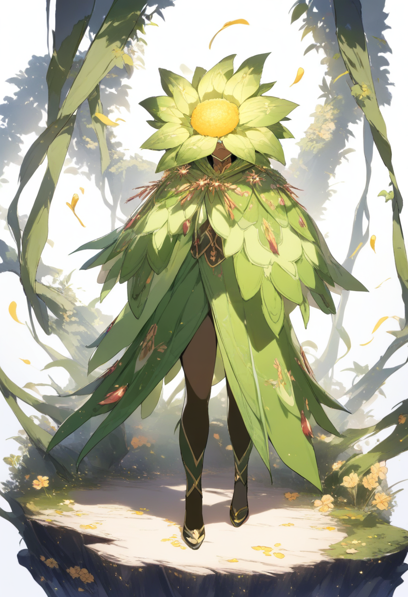 A flower monster boy with golden petals around his face, green stem body, cheerful expression in a bright underground garden