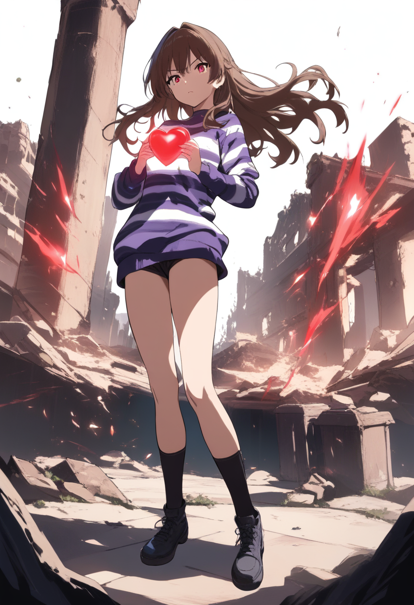 A determined human girl with brown hair and a striped blue-purple sweater, holding a glowing red heart soul in dark ruins