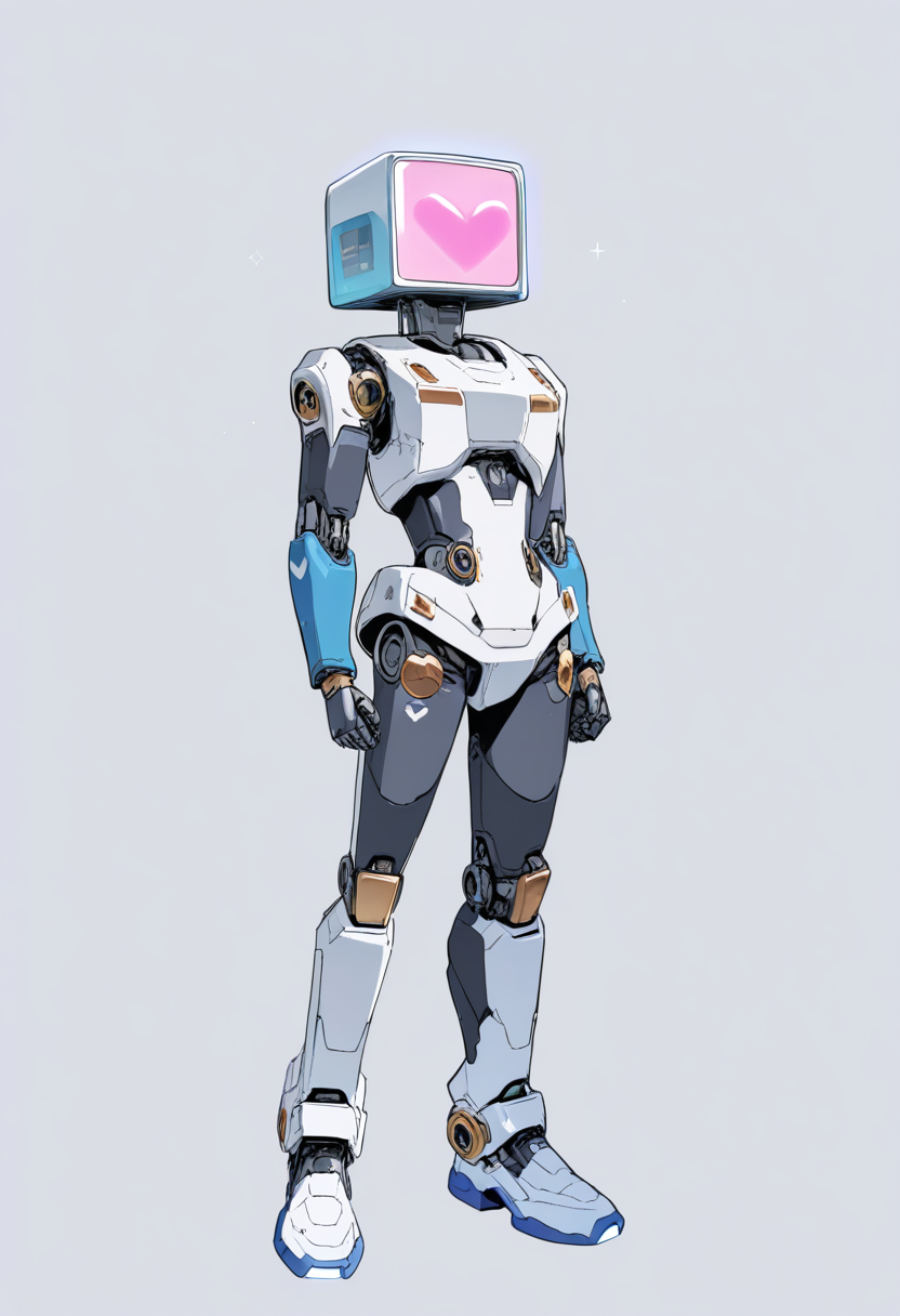 A robot character with a boxy metallic body, square head, digital screen face showing a heart emoji, in a laboratory