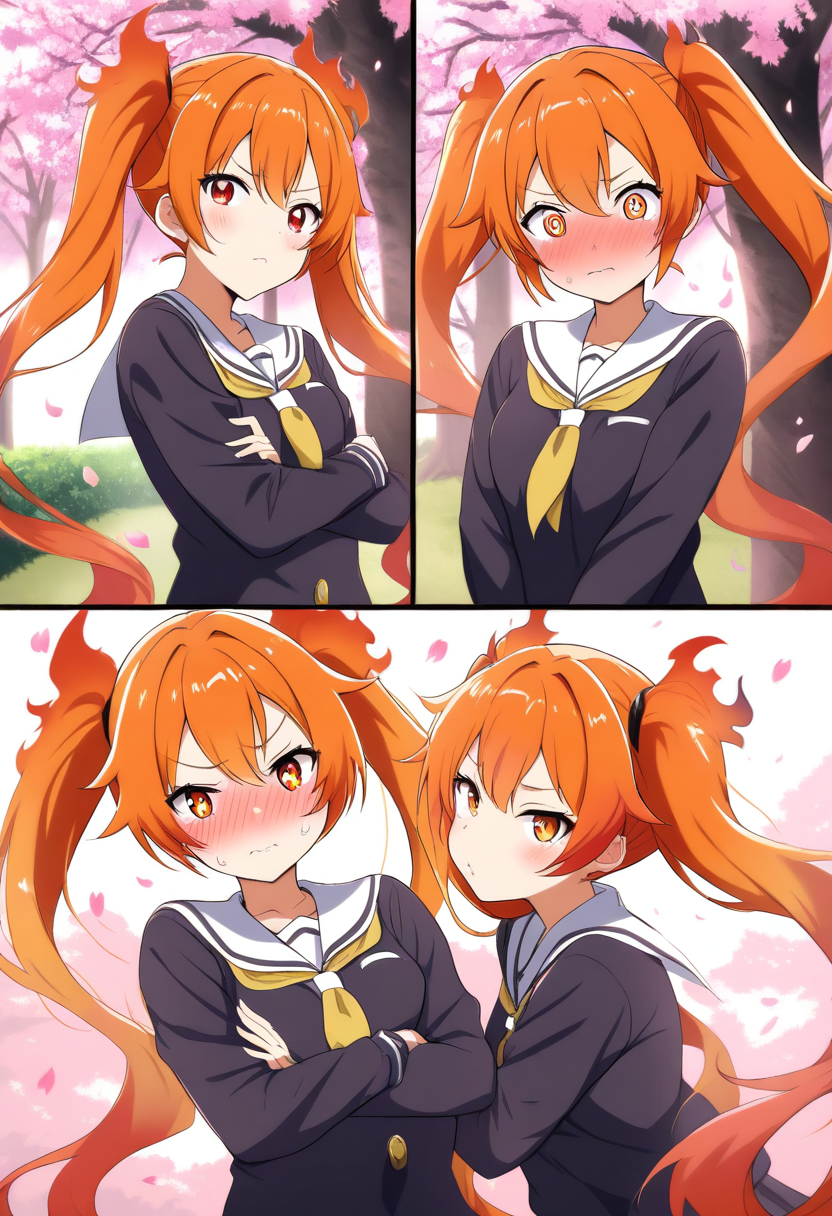 A tsundere anime girl with twin-tails, fiery orange hair, sharp amber eyes, school uniform, arms crossed, blushing, cherry blossoms