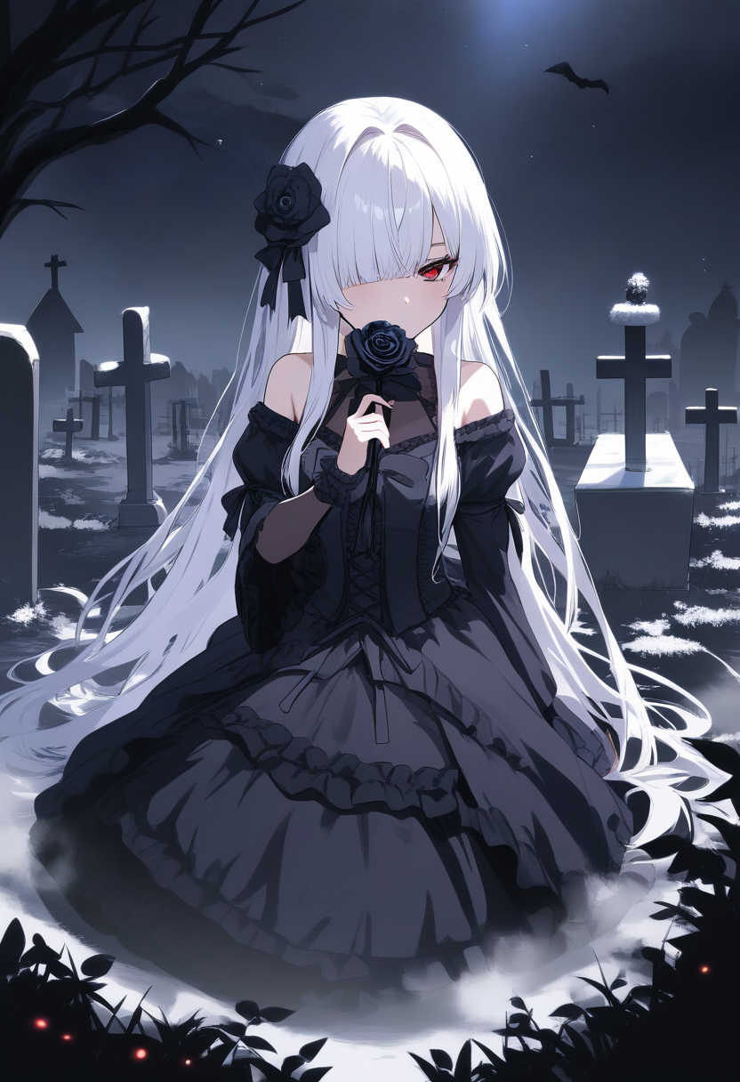 A mysterious anime beauty with long white hair, one eye hidden, dark gothic lolita dress, holding a black rose, misty graveyard