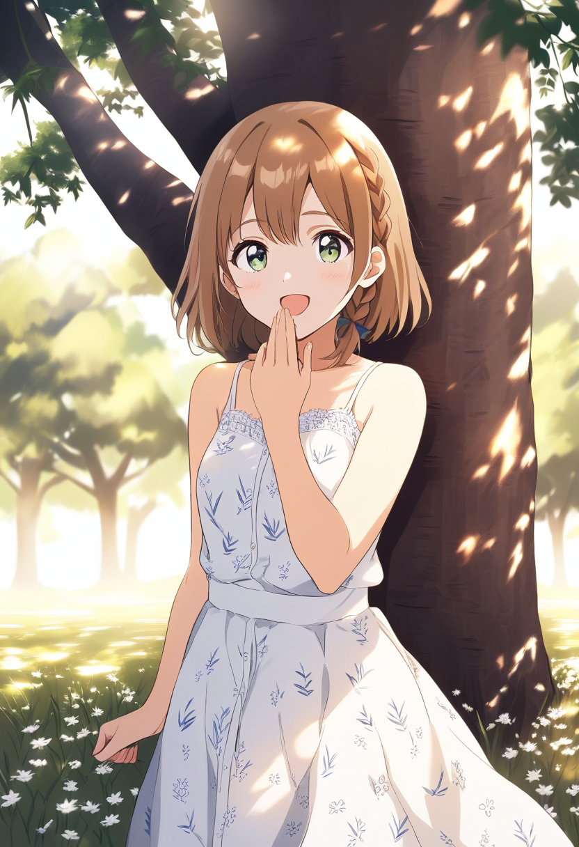 A childhood friend anime girl with warm brown hair in a side braid, gentle hazel eyes, casual sundress, laughing under a big tree