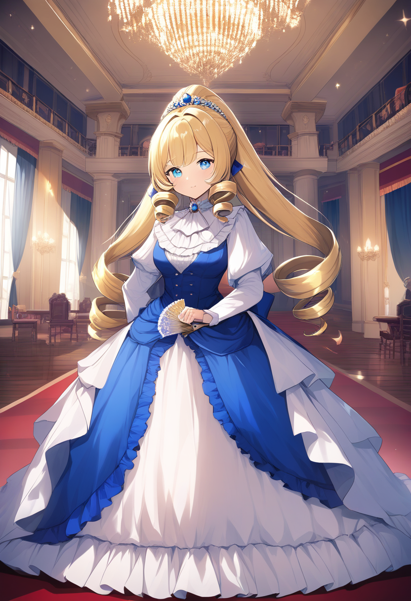 An ojou-sama anime girl with curled golden ringlet hair, sapphire eyes, elegant Victorian dress, fan in hand, grand ballroom