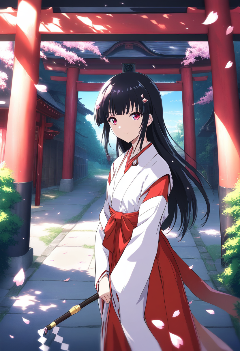 A miko priestess anime girl with long straight black hair, serene red eyes, traditional white and red shrine maiden robes, torii gate