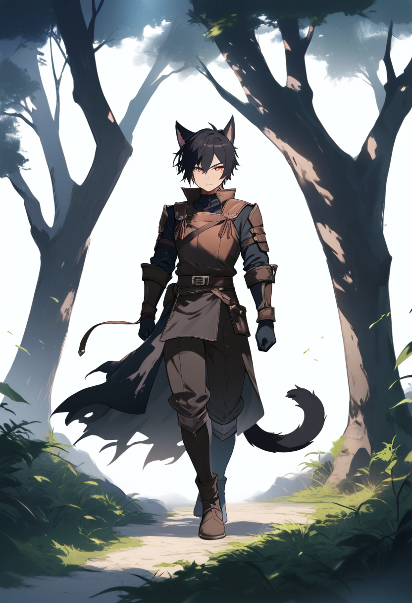 A catboy with sleek black fur ears and tail, amber eyes, scar across nose, dark leather armor in a moonlit forest clearing