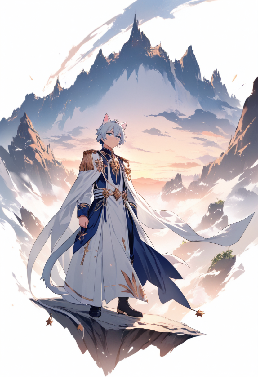 A catboy with white fur ears and ginger-tipped tail, blue eyes, noble bearing, leader ceremonial collar with star charm at sunset