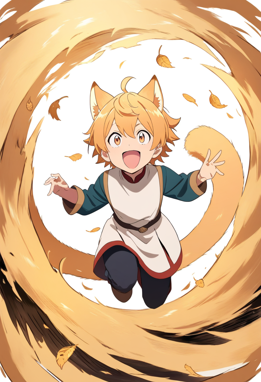 A catboy with golden ginger ears and long tail, bright amber eyes, apprentice tunic, excited expression in a training hollow with fallen leaves